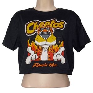 CHEETOS Flamin Hot Chester Graphic Print Short Sleeve Crop Black T Shirt Small
